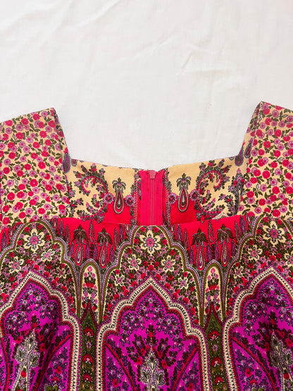 70s red floral Medieval revival maxi dress, Size S-M
