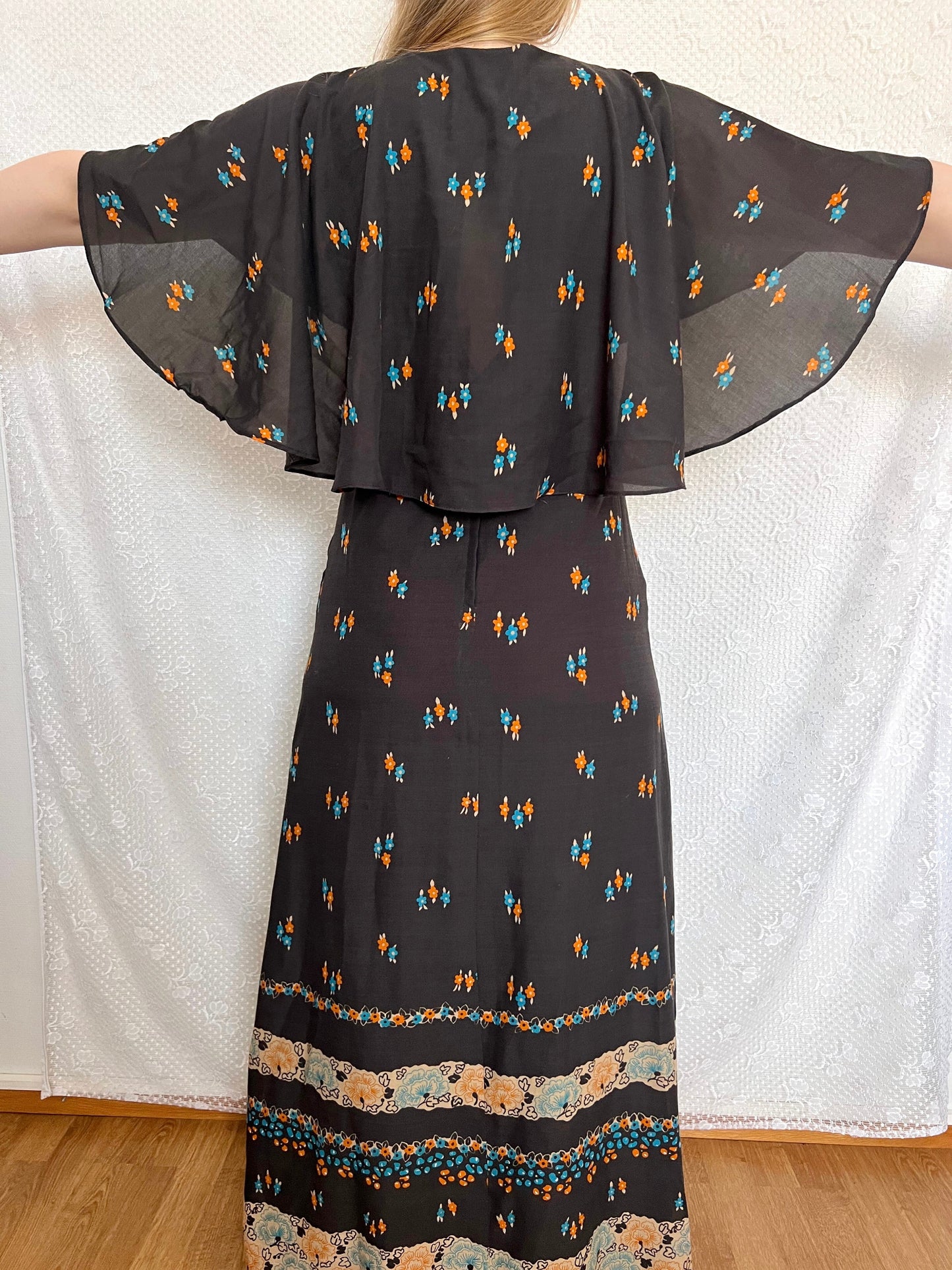 70s black floral cape dress, Size S