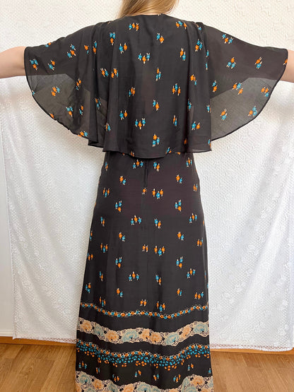 70s black floral cape dress, Size S