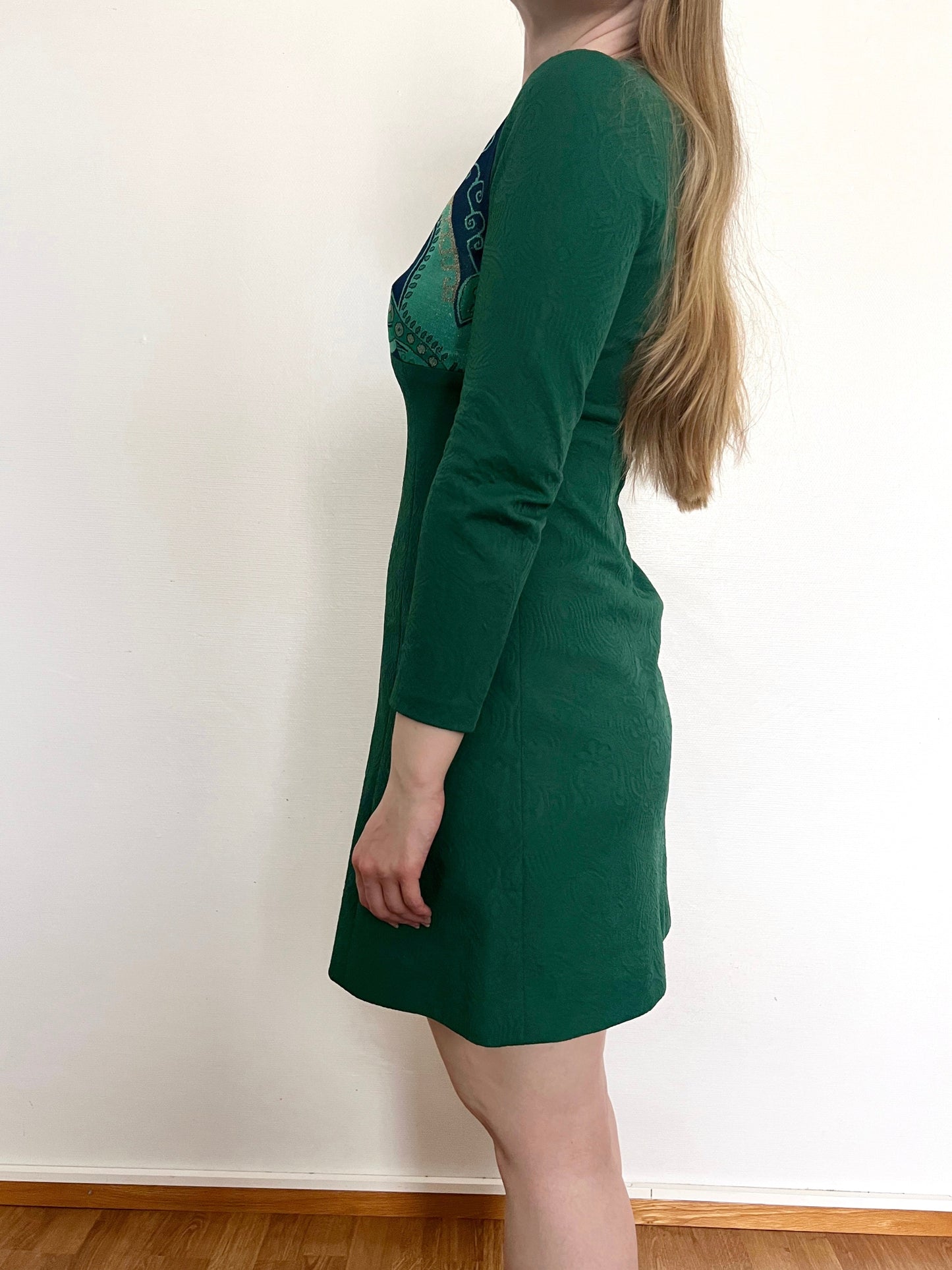 60s green swirl print mini dress, Size S