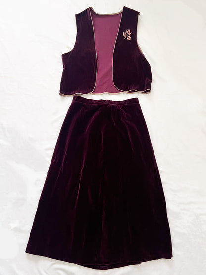70s purple velvet vest and skirt set, Size S