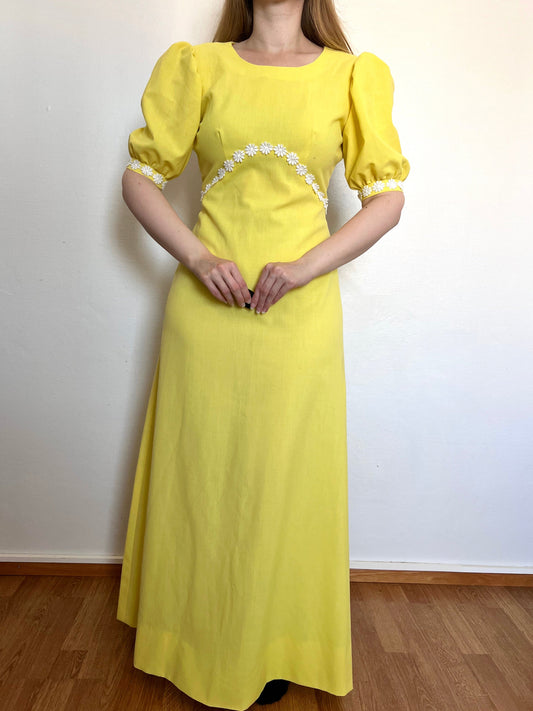 70s yellow maxi daisy dress, Size S