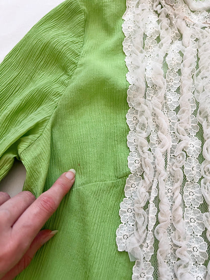 70s Victorian inspired green & lace blouse, Size M