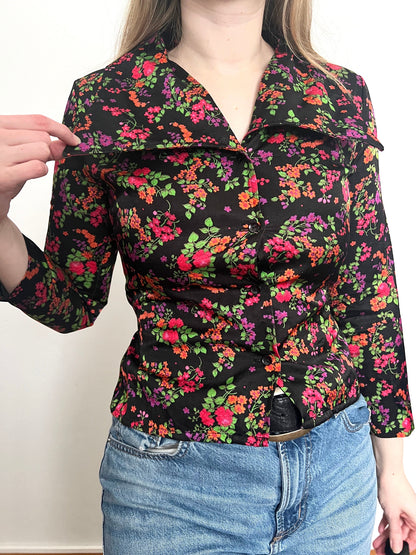 70s pointed collar floral bluse, Size XS-S