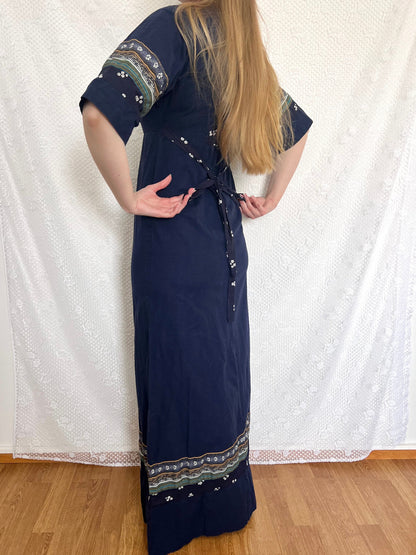 70s cotton dark blue maxi dress, Size S