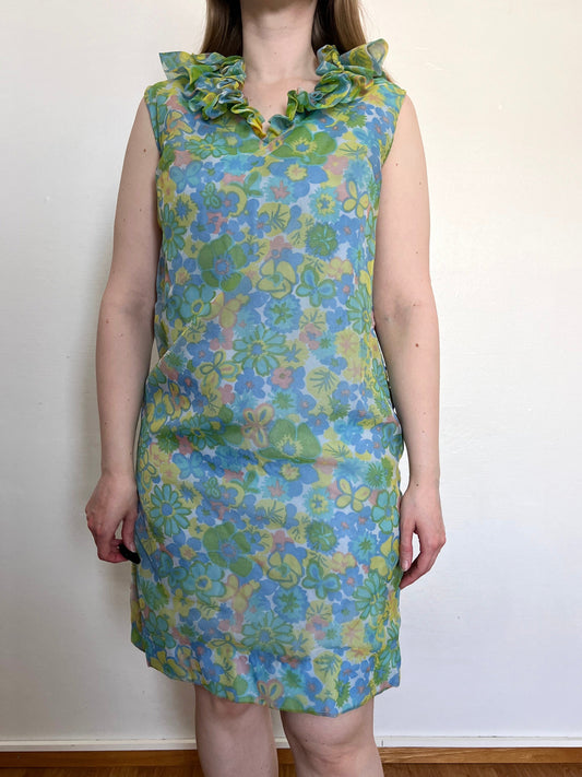 60s floral ruffle dress, Size M-L