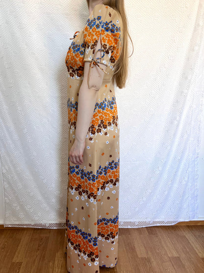 70s beige floral dress, Size M