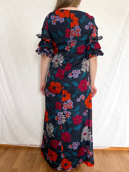 70s ruffle sleeves floral dress, Size S-M