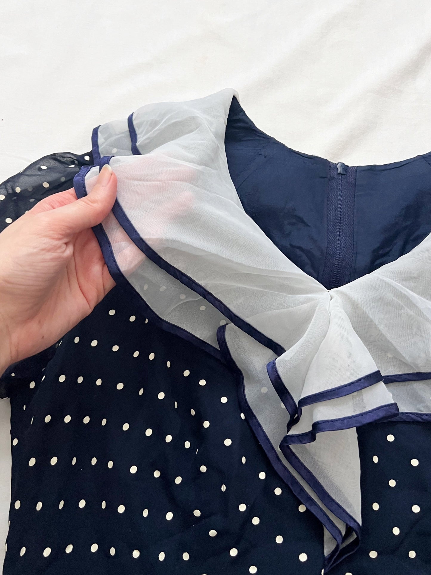 70s blue and white polka dot dress, Size M