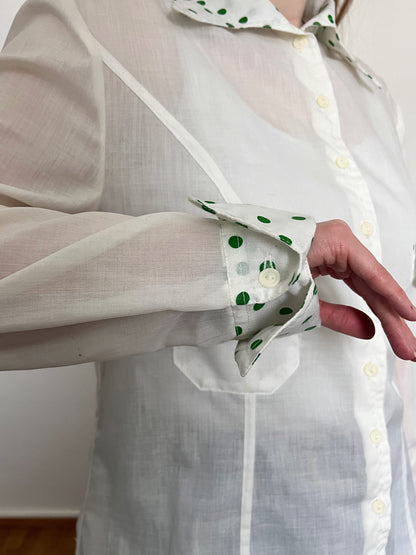 60s white and green polka dot shirt, Size L-XL