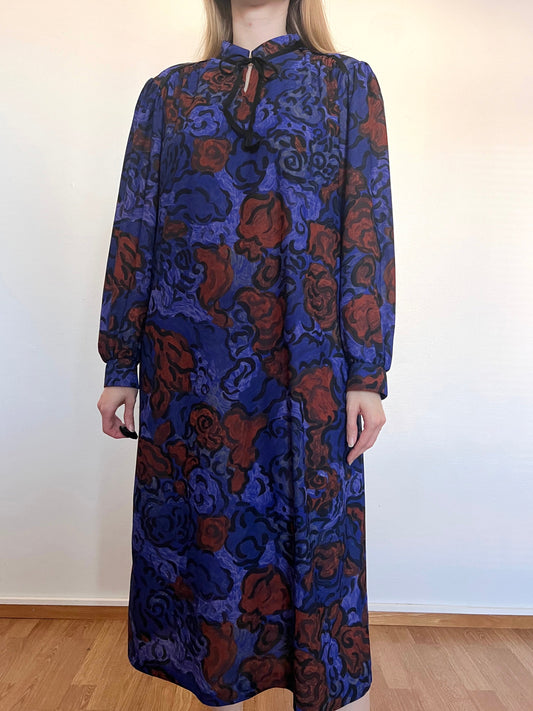 80s bold floral pattern dress, Size L-XL