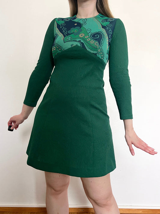 60s green swirl print mini dress, Size S