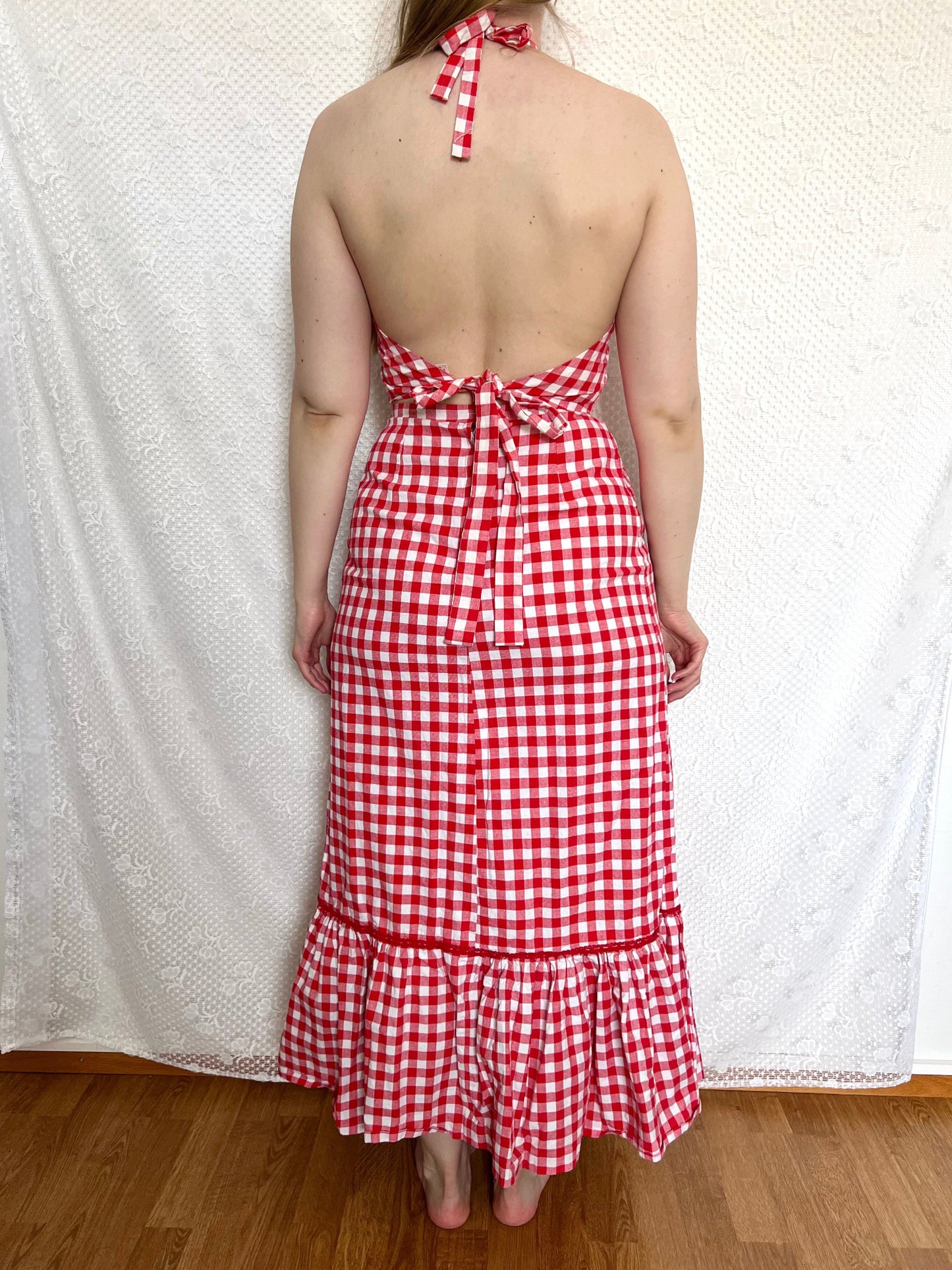 70s gingham open back halter neck and skirt set, Size S