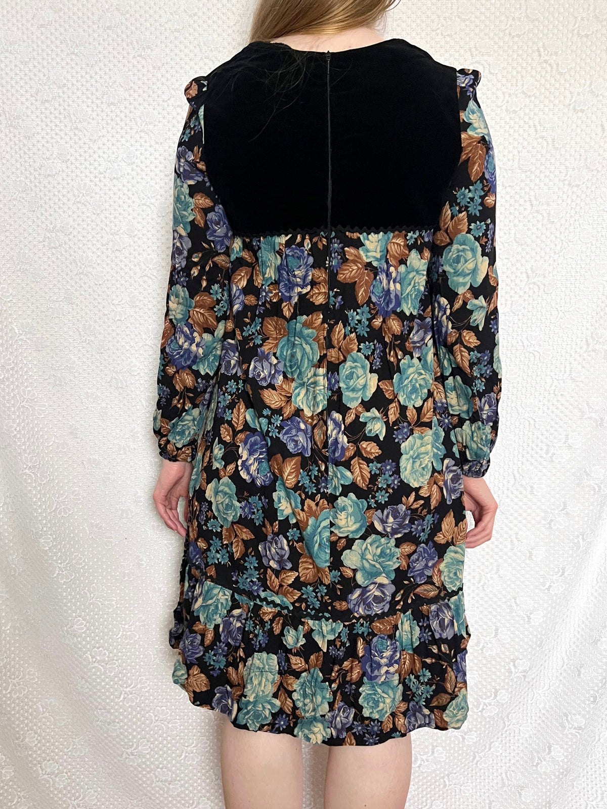 70s floral and velvet dress, Size S