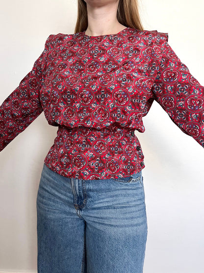 80s red ornate pattern blouse, Size XS-S