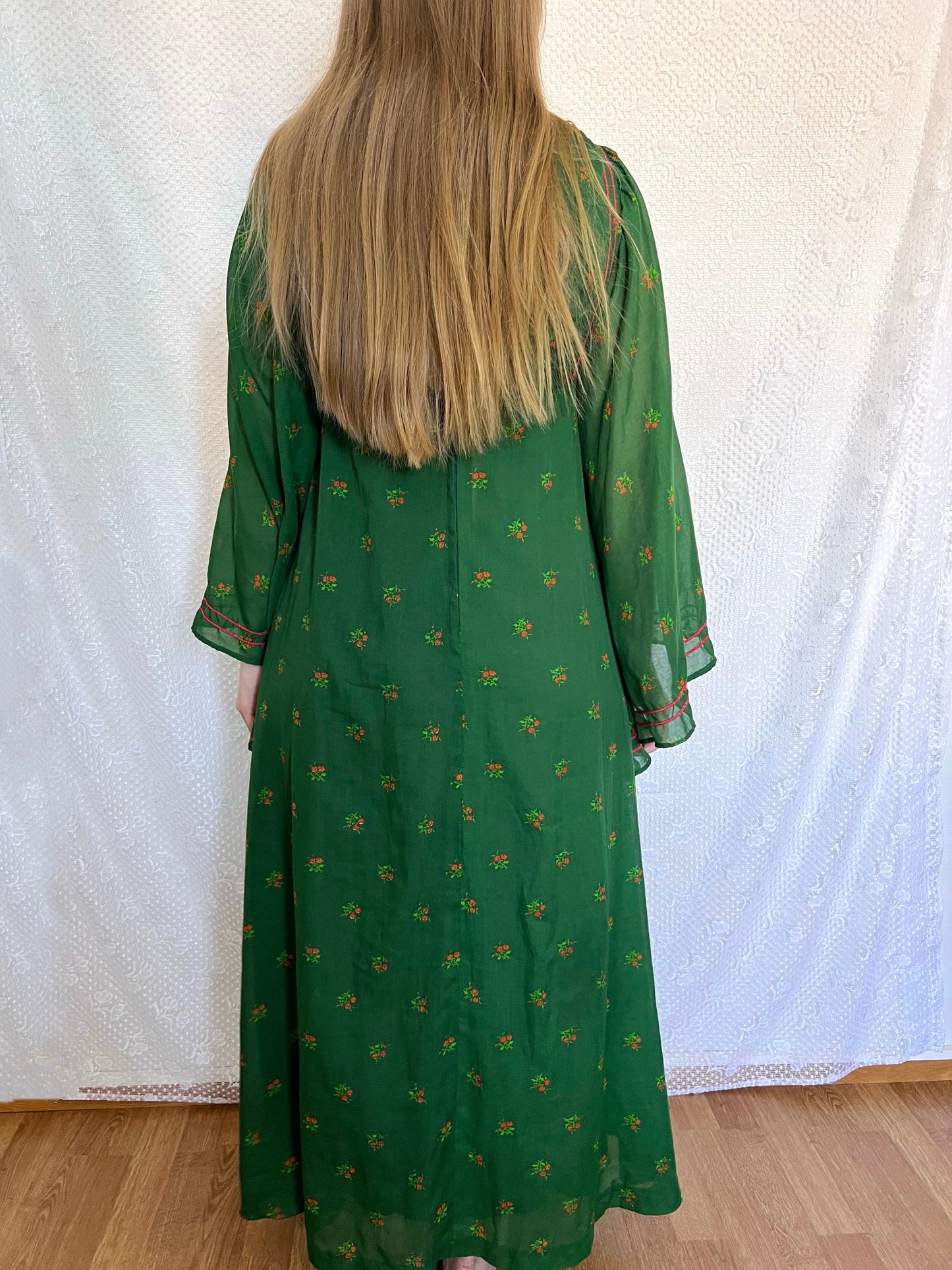 70s green butterfly sleeves dress, Size XS