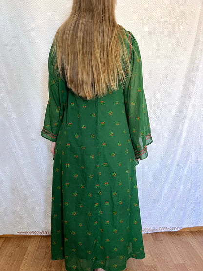 70s green butterfly sleeves dress, Size XS