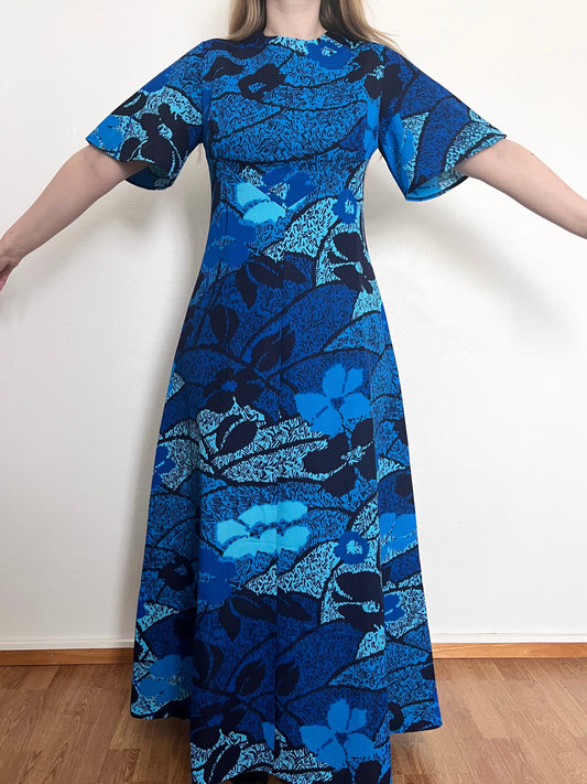70s blue floral maxi dress, Size S-M