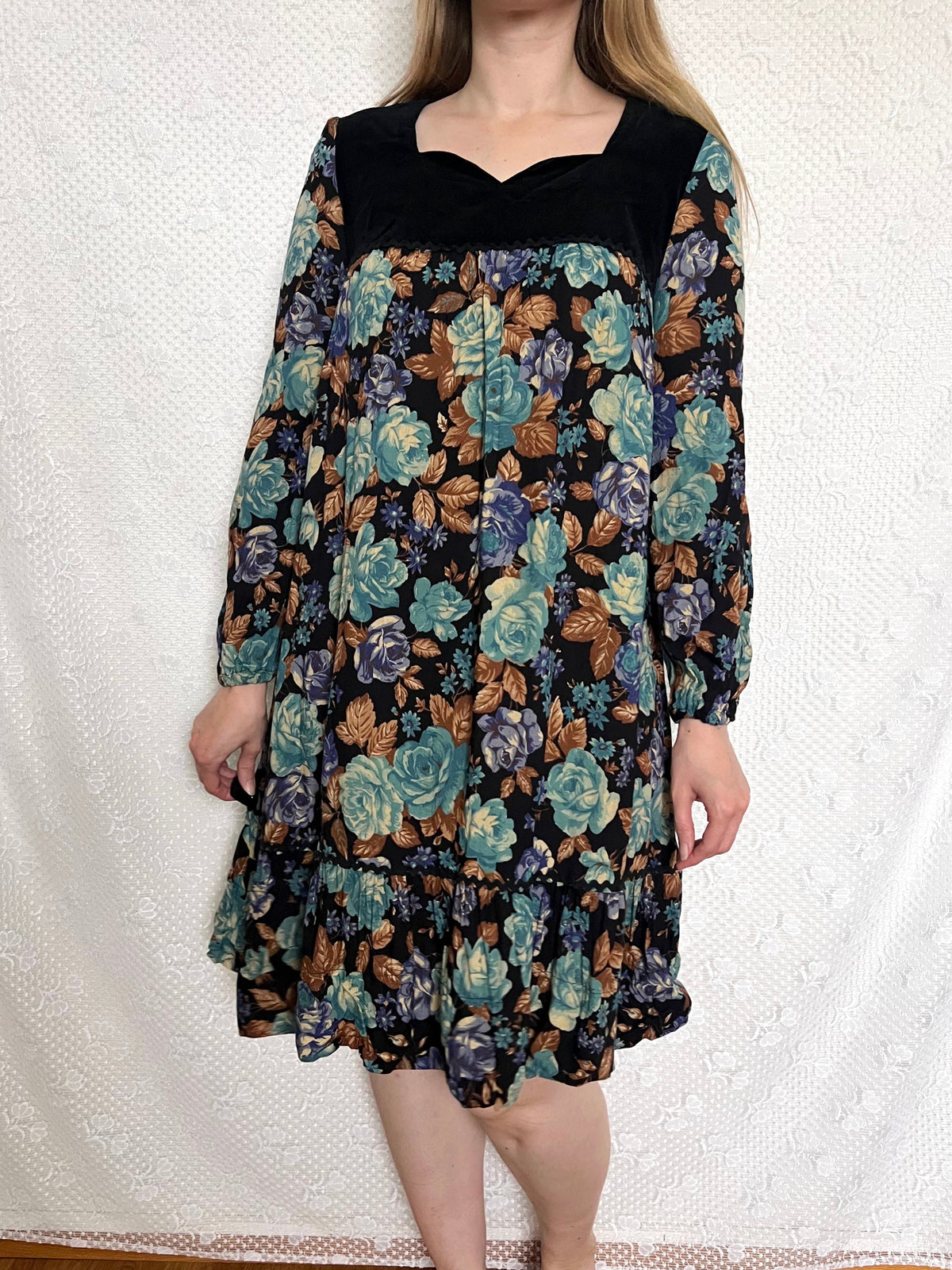 70s floral and velvet dress, Size S