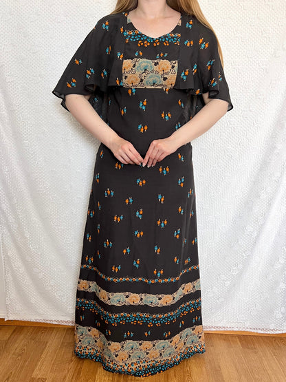 70s black floral cape dress, Size S