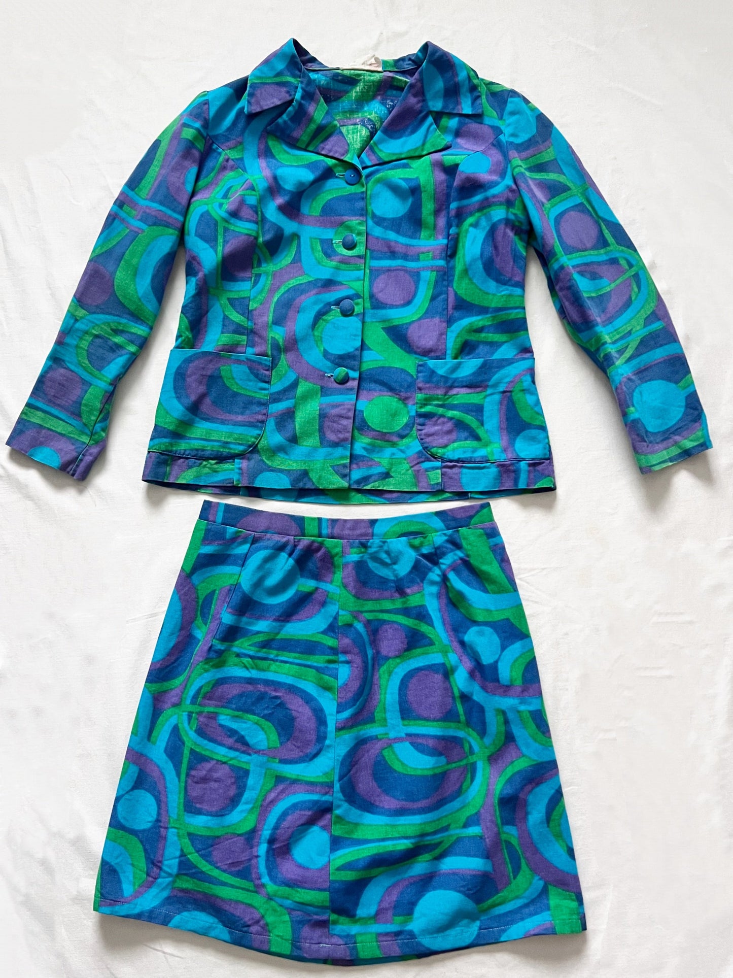 60s blue geometric shirt and skirt set, Size S