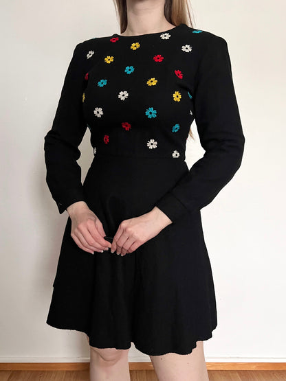 60s black and colorful flowers dress, Size XS