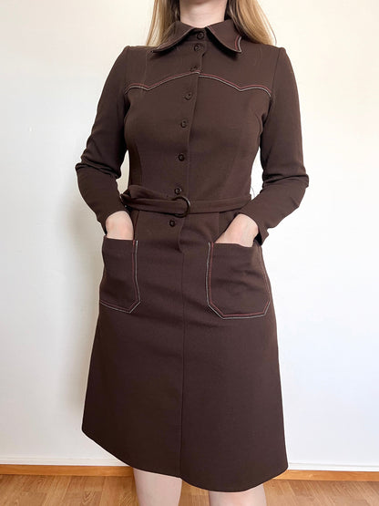 70s brown dress with pockets, Size S-M