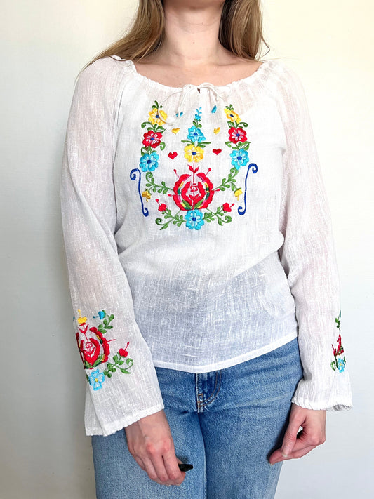 70s floral embroidery white blouse, Size S