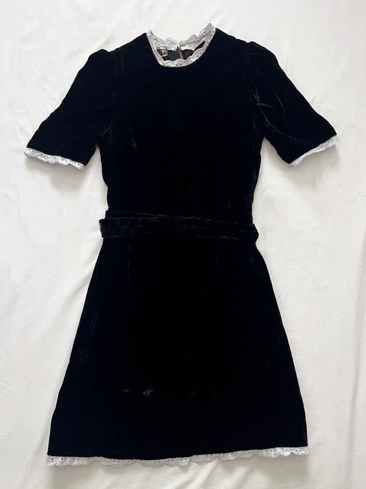 60s black velvet and white lace dress, Size XS