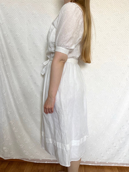 70s cotton and linen white midi dress, Size XS
