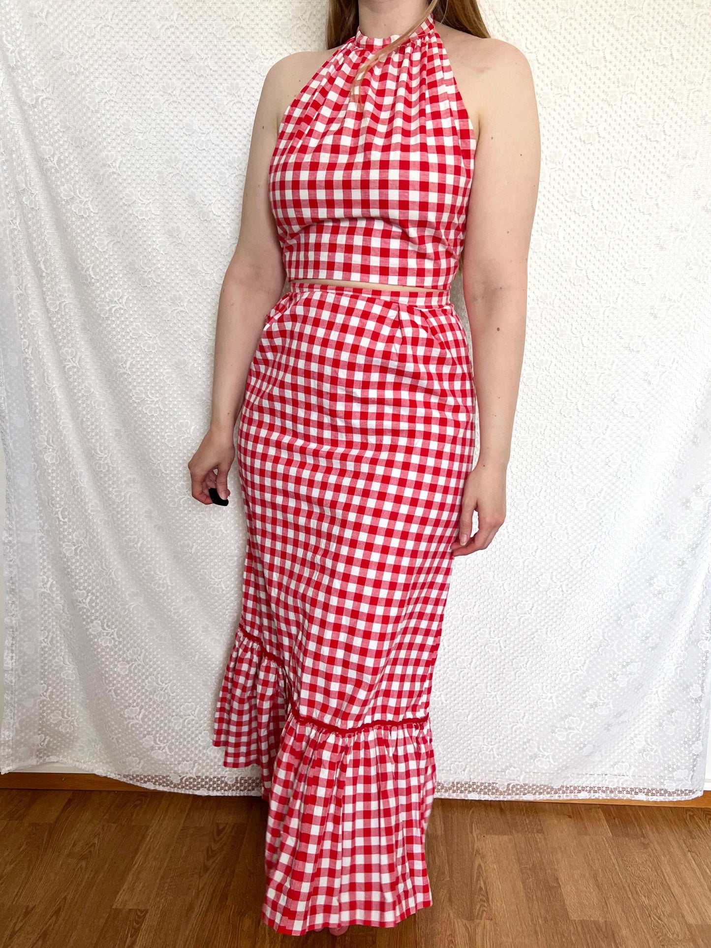 70s gingham open back halter neck and skirt set, Size S