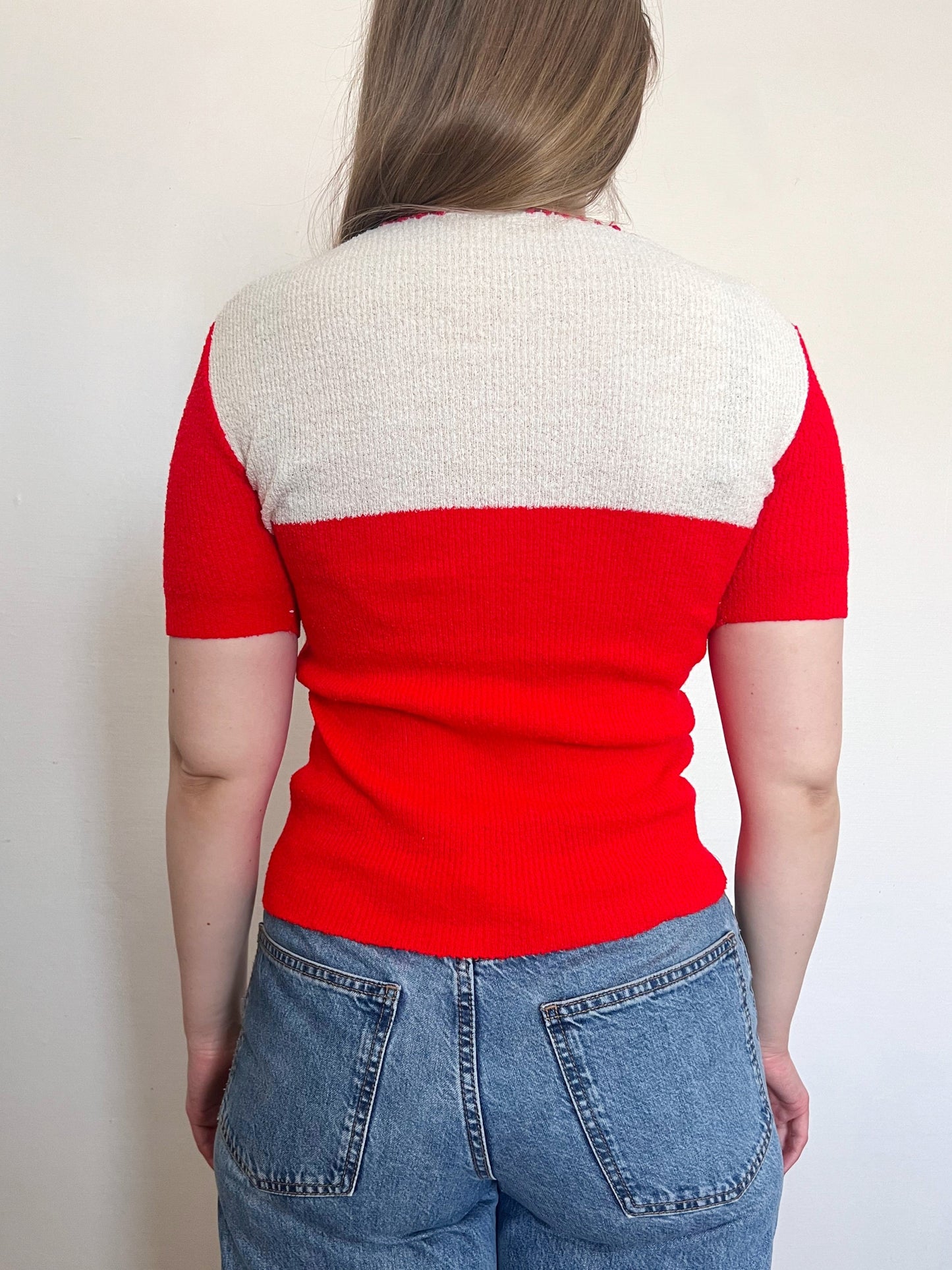 70s red and white knit summer top, Size XS-S