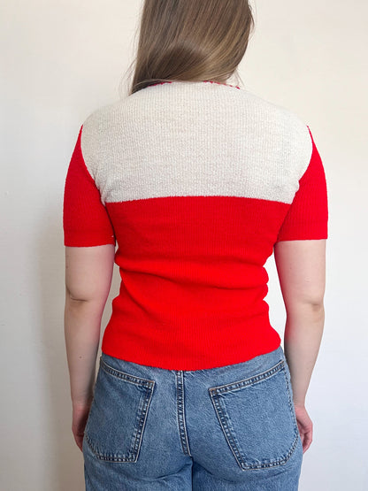 70s red and white knit summer top, Size XS-S