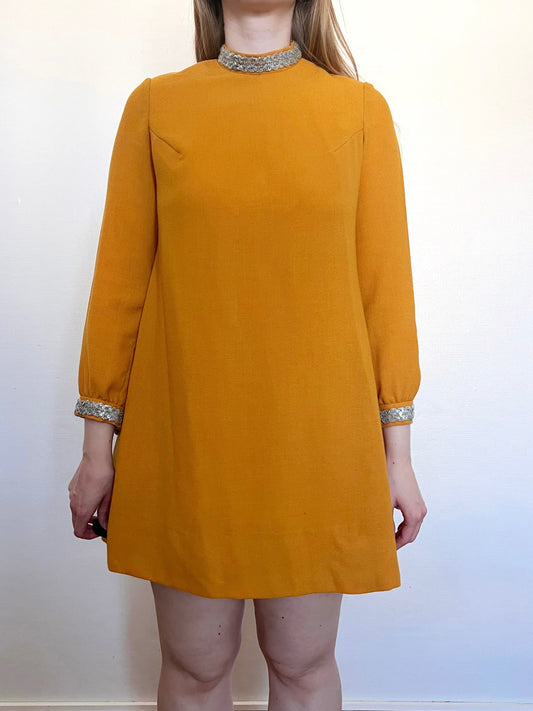 60s mustard yellow and silver mini dress, Size XS-S