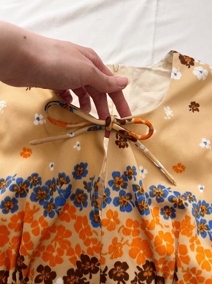 70s beige floral dress, Size M