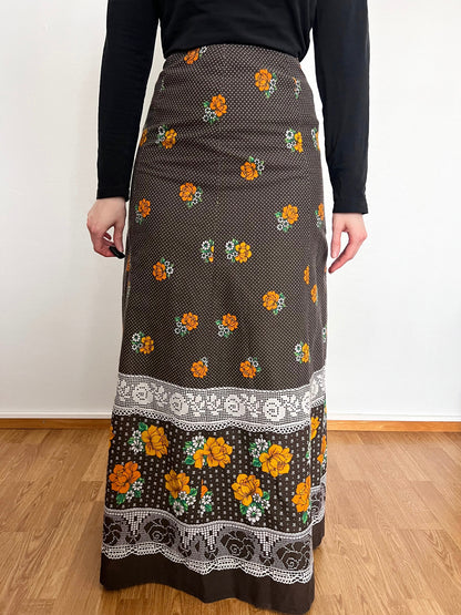 70s brown flower skirt, Size S