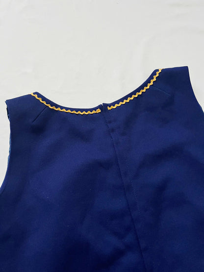 60s navy blue folk style trim dress, Size L