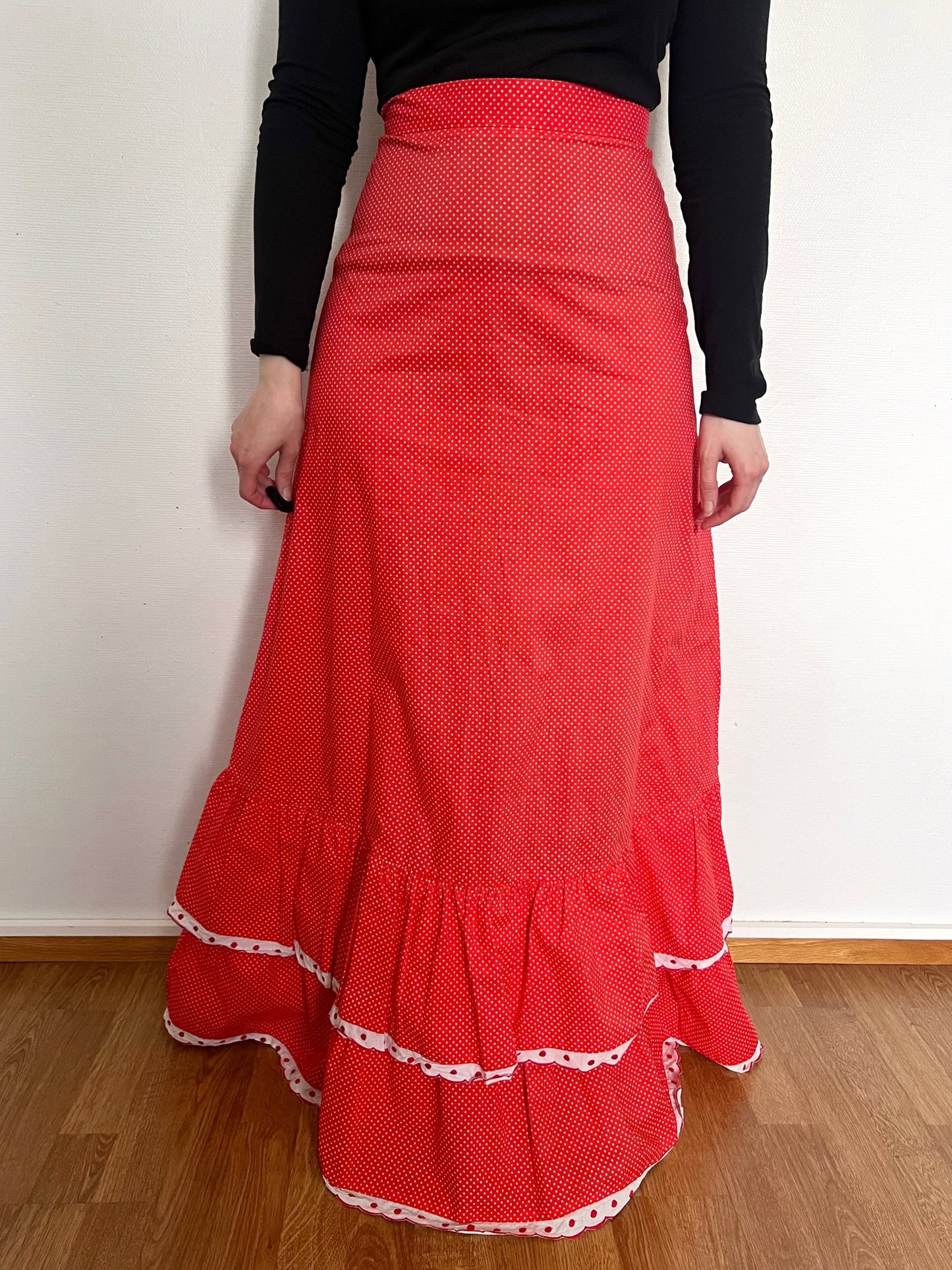 70s Pia & Paula red and white polka dot maxi skirt, Size S
