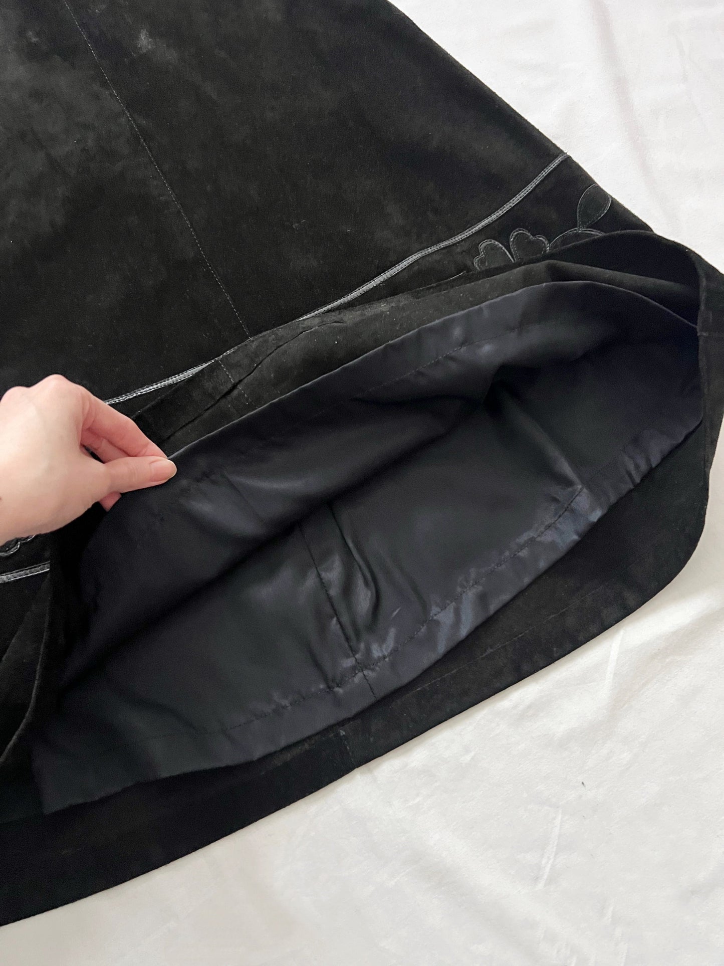 60s black suede flower skirt, Size XS