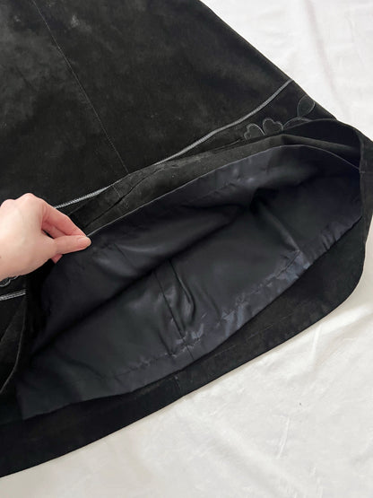 60s black suede flower skirt, Size XS