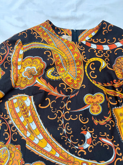 70s paisley pattern and wide sleeves dress, Size S