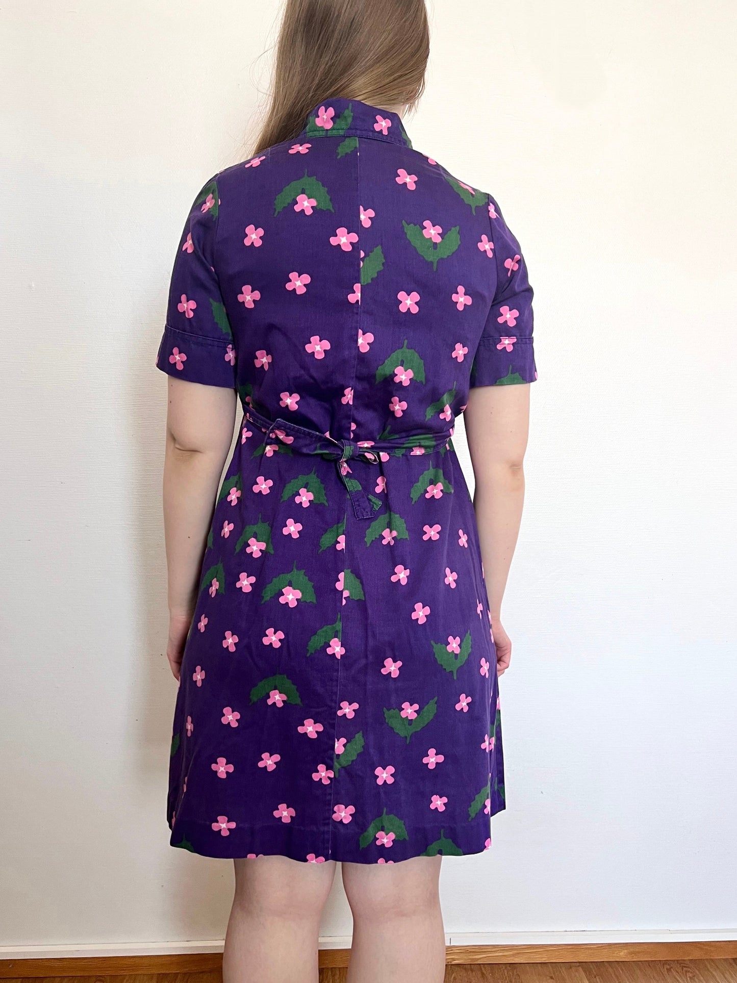 70s purple floral cotton, dress, Size XS-S