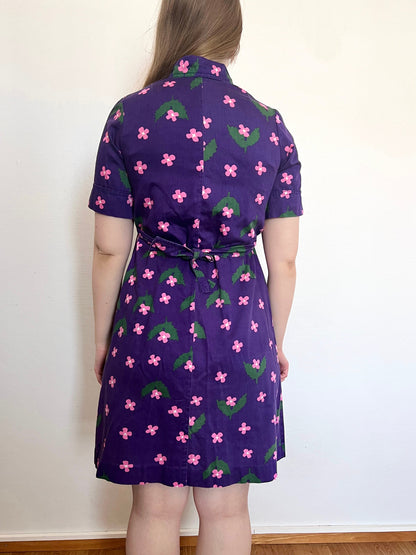 70s purple floral cotton, dress, Size XS-S