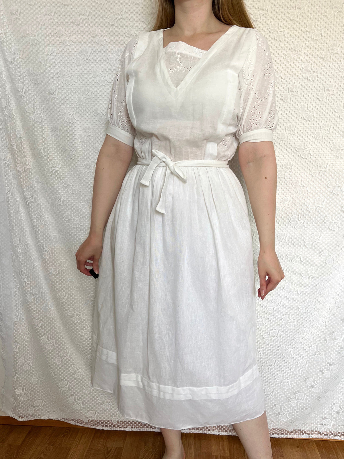 70s cotton and linen white midi dress, Size XS