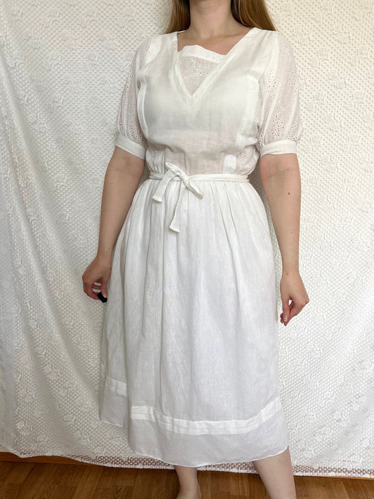 70s cotton and linen white midi dress, Size XS