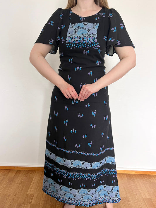 70s black and blue flutter sleeves maxi dress, Size XS