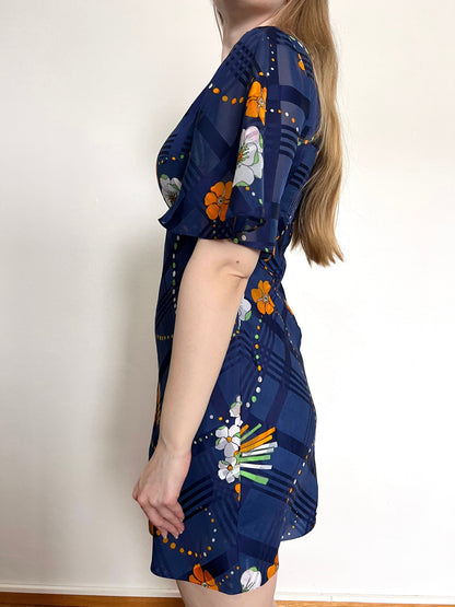 70s blue flared sleeves mini dress, Size XS-S