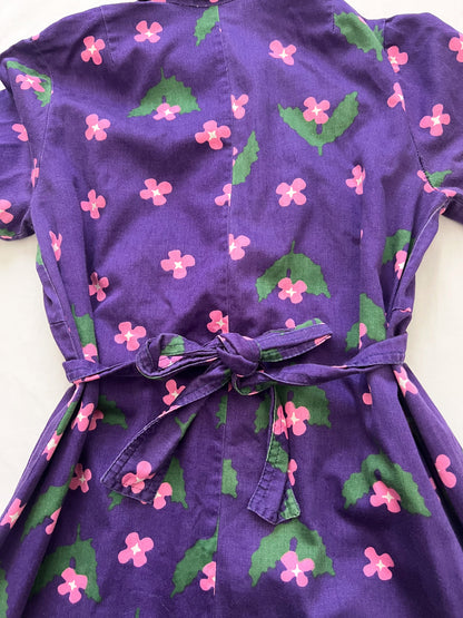 70s purple floral cotton, dress, Size XS-S