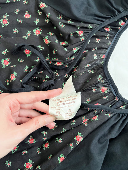 70s 100% cotton black floral dress, Size S-M