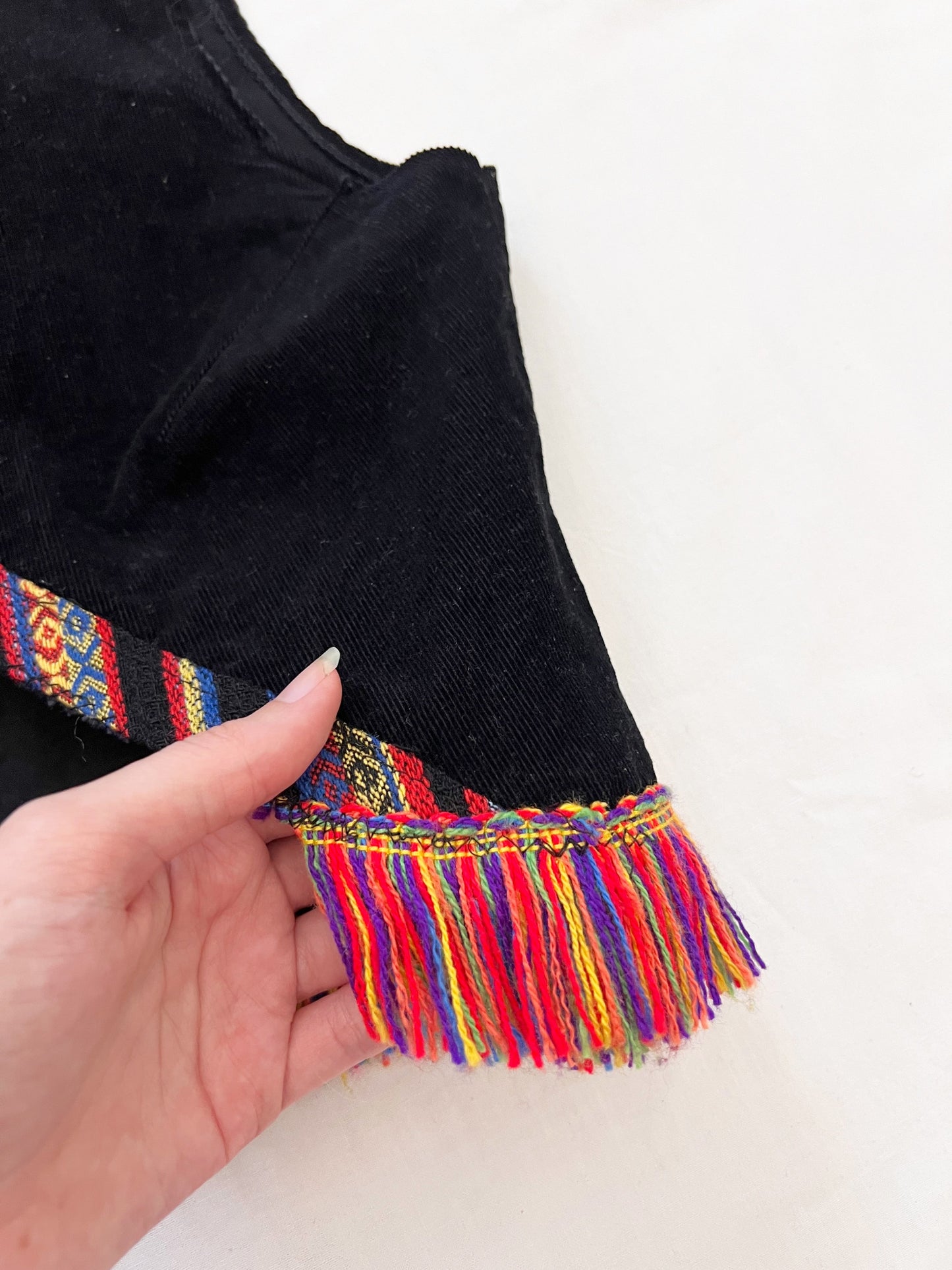 70s black vest with colorful fringe, Size XS